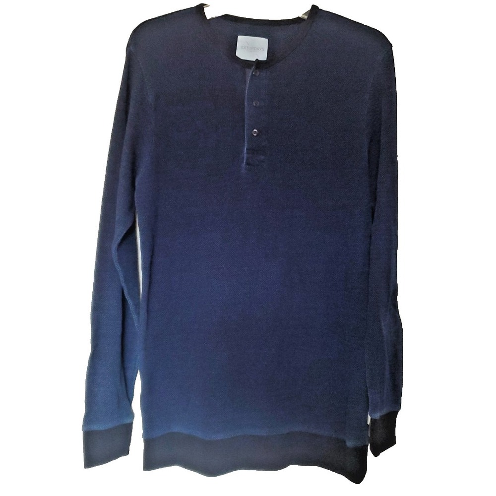 Saturdays Surf NYC Mens Henley Shirt Large Navy Blue Long Sleeve Cotton Textured